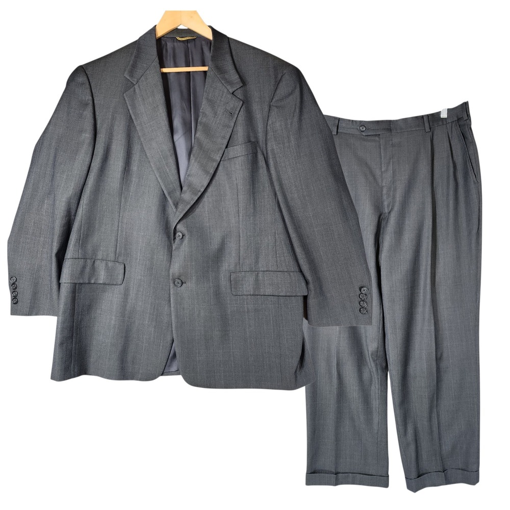 Vtg Hart Schaffner Marx 2 pc Suit 43R 44R Men Gray Gold Trumpeter Wool USA 38x28